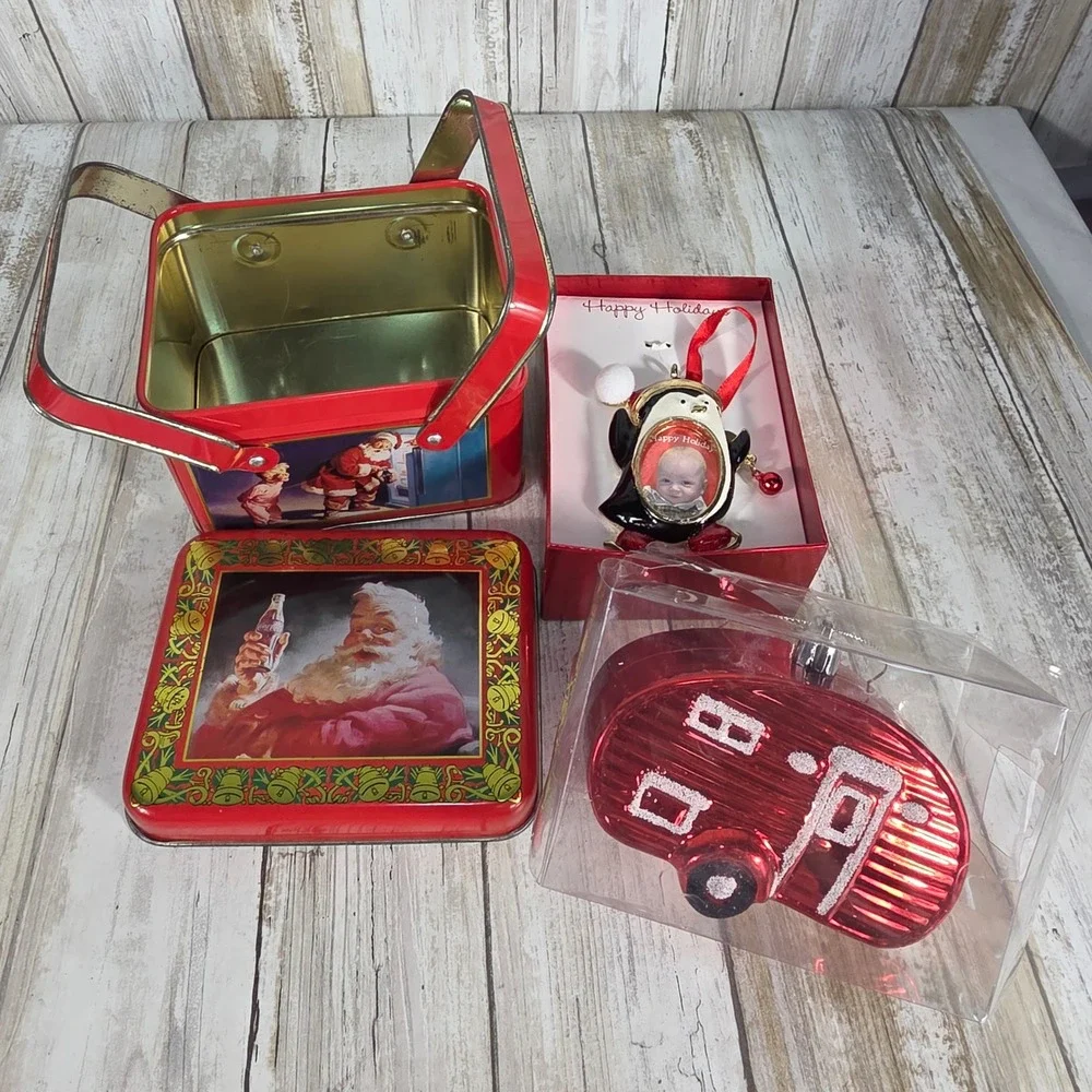 Coca-Cola Santa Tin & Christmas Ornaments Bundle Red Camper Penguin Photo Frame